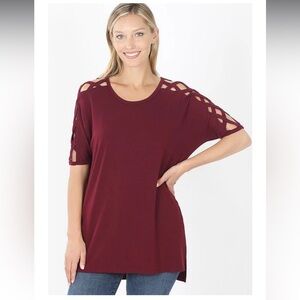 Just for Fun Hi-Low Hem Lattice Sleeve Top